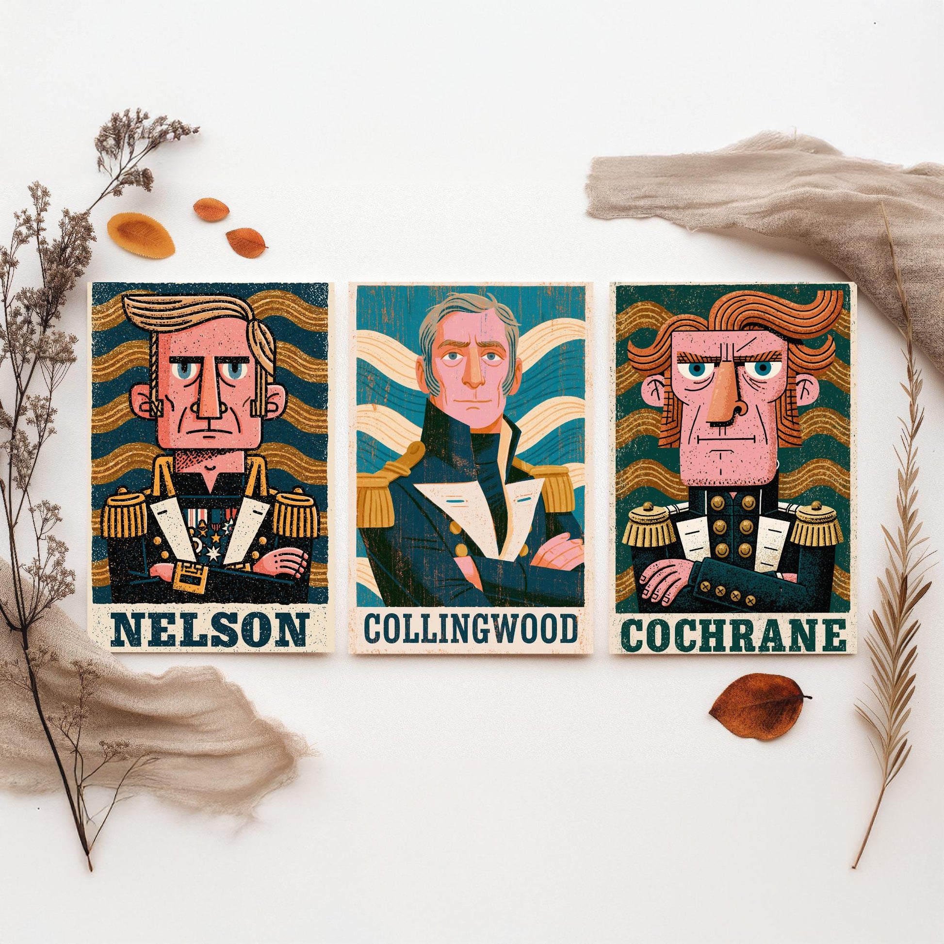 Naval Commanders Set of Three Art Prints - Nelson, Collingwood, Cochrane - Navy History Poster Wall Art Gift Illustration