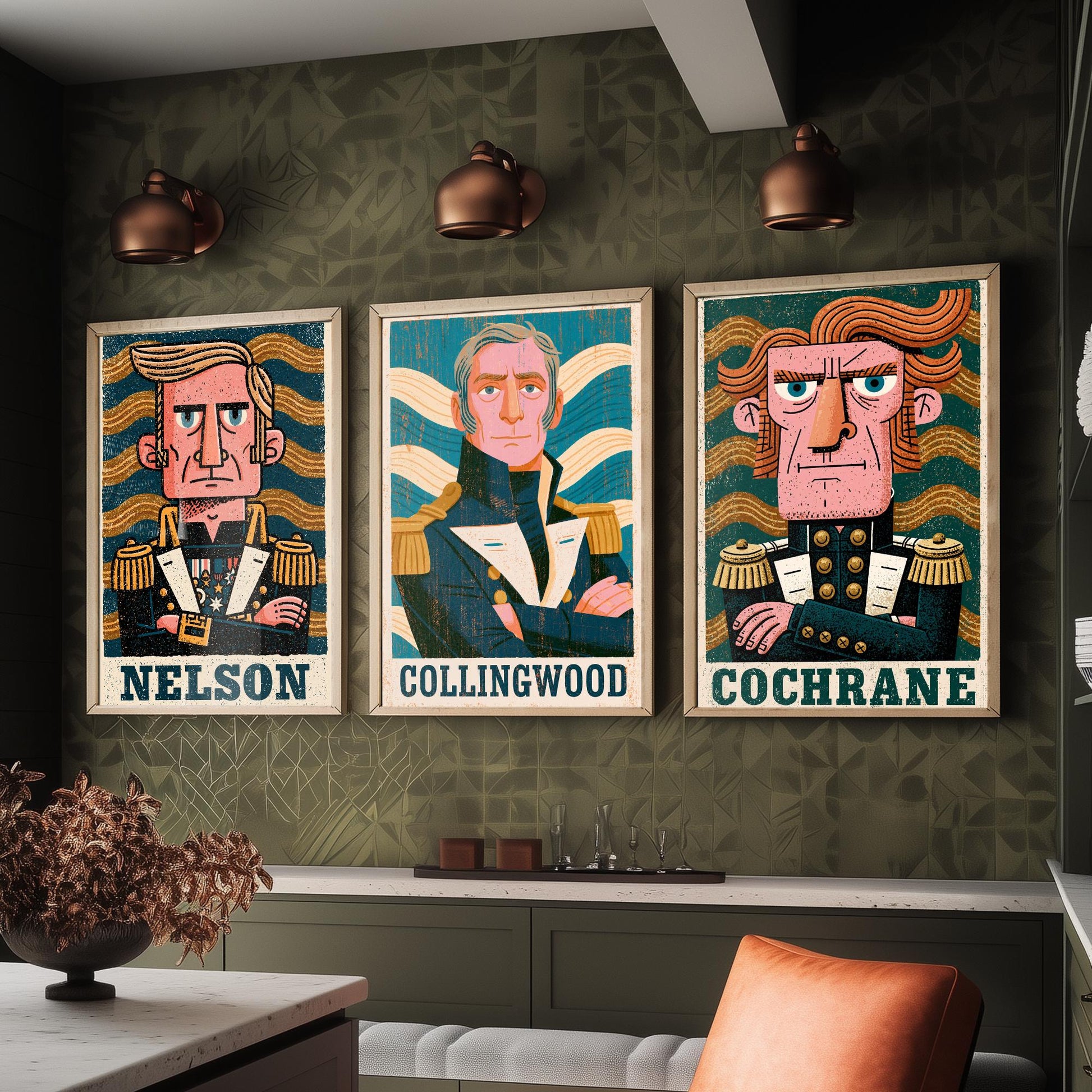 Naval Commanders Set of Three Art Prints - Nelson, Collingwood, Cochrane - Navy History Poster Wall Art Gift Illustration