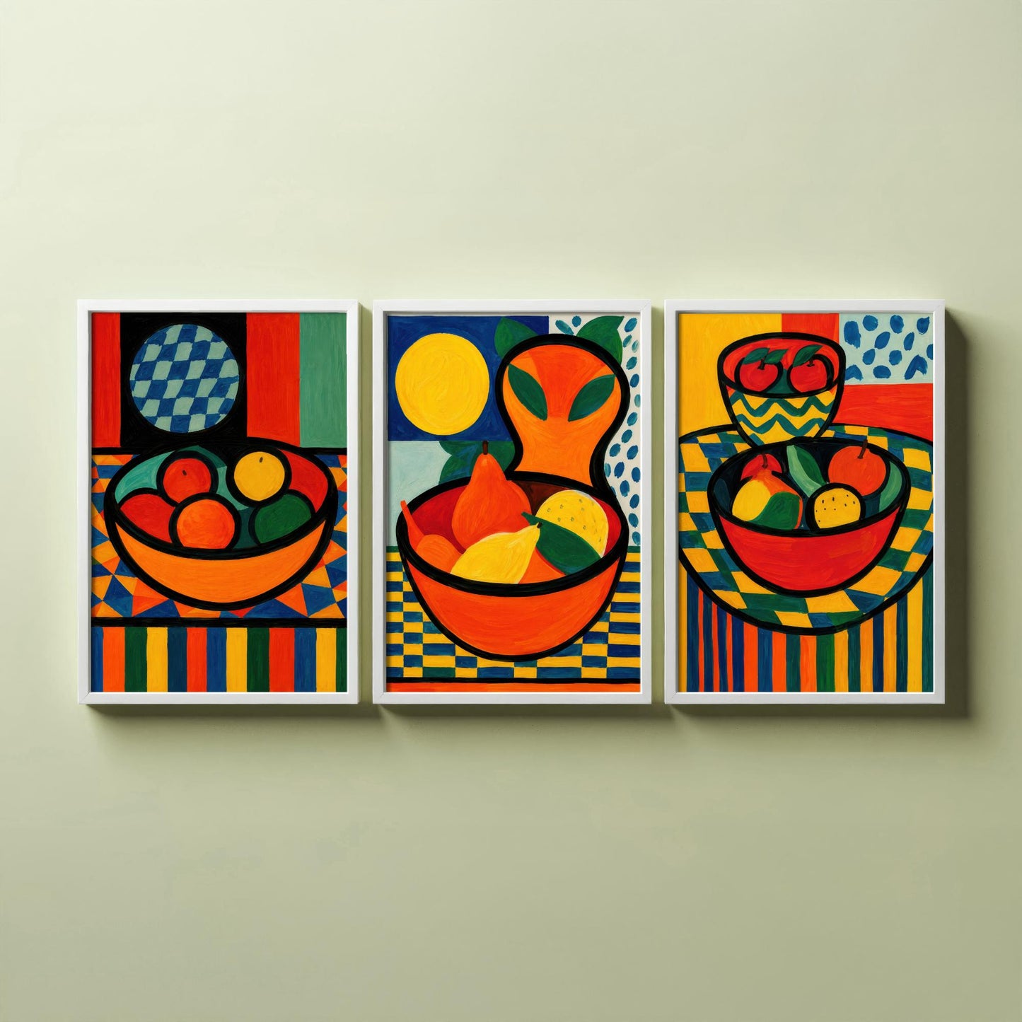 Neo Fauvist Fruit Bowls Set of Three Art Prints - Bold Still Life Kitchen Wall Art - Colourful Poster Painting Gift Decor