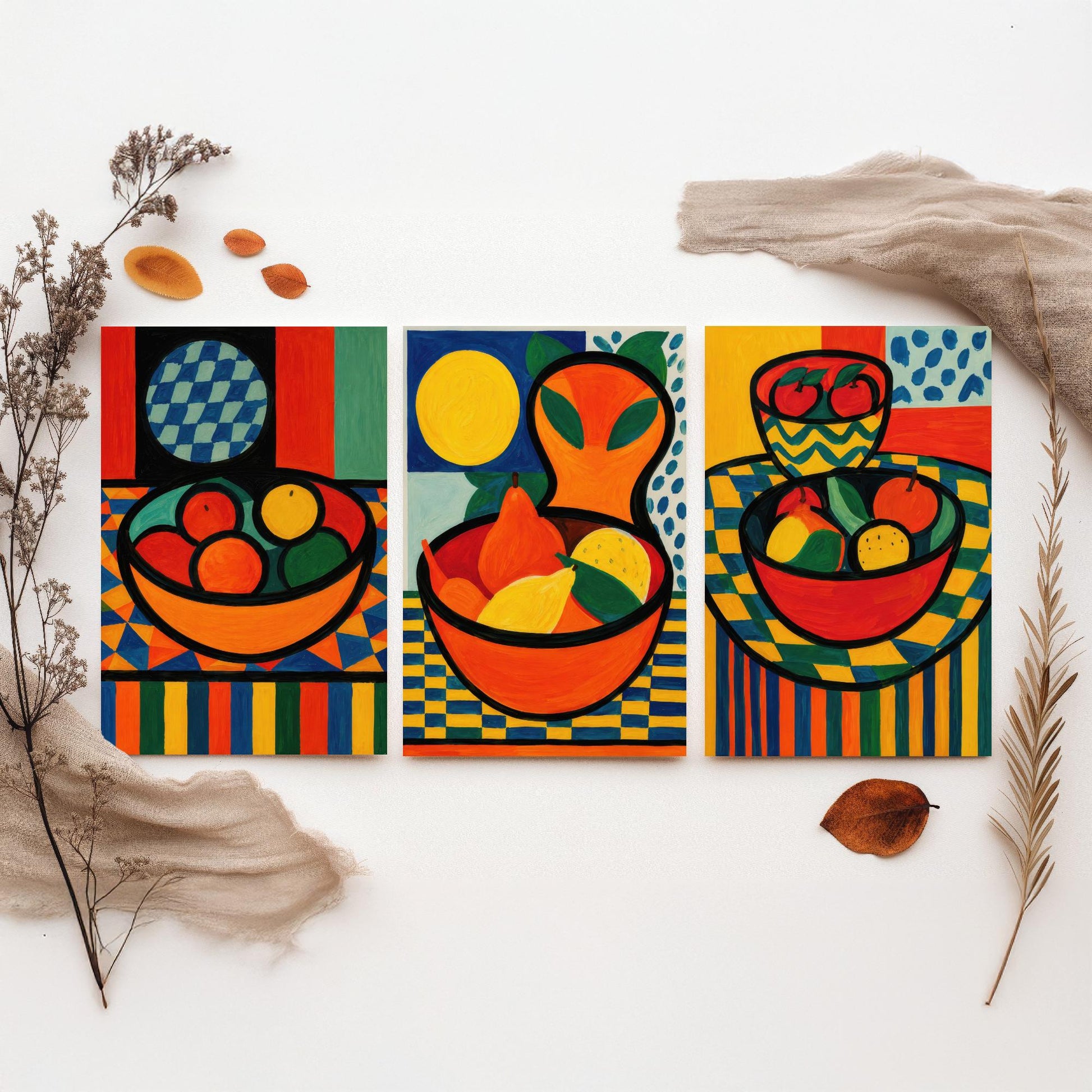 Neo Fauvist Fruit Bowls Set of Three Art Prints - Bold Still Life Kitchen Wall Art - Colourful Poster Painting Gift Decor