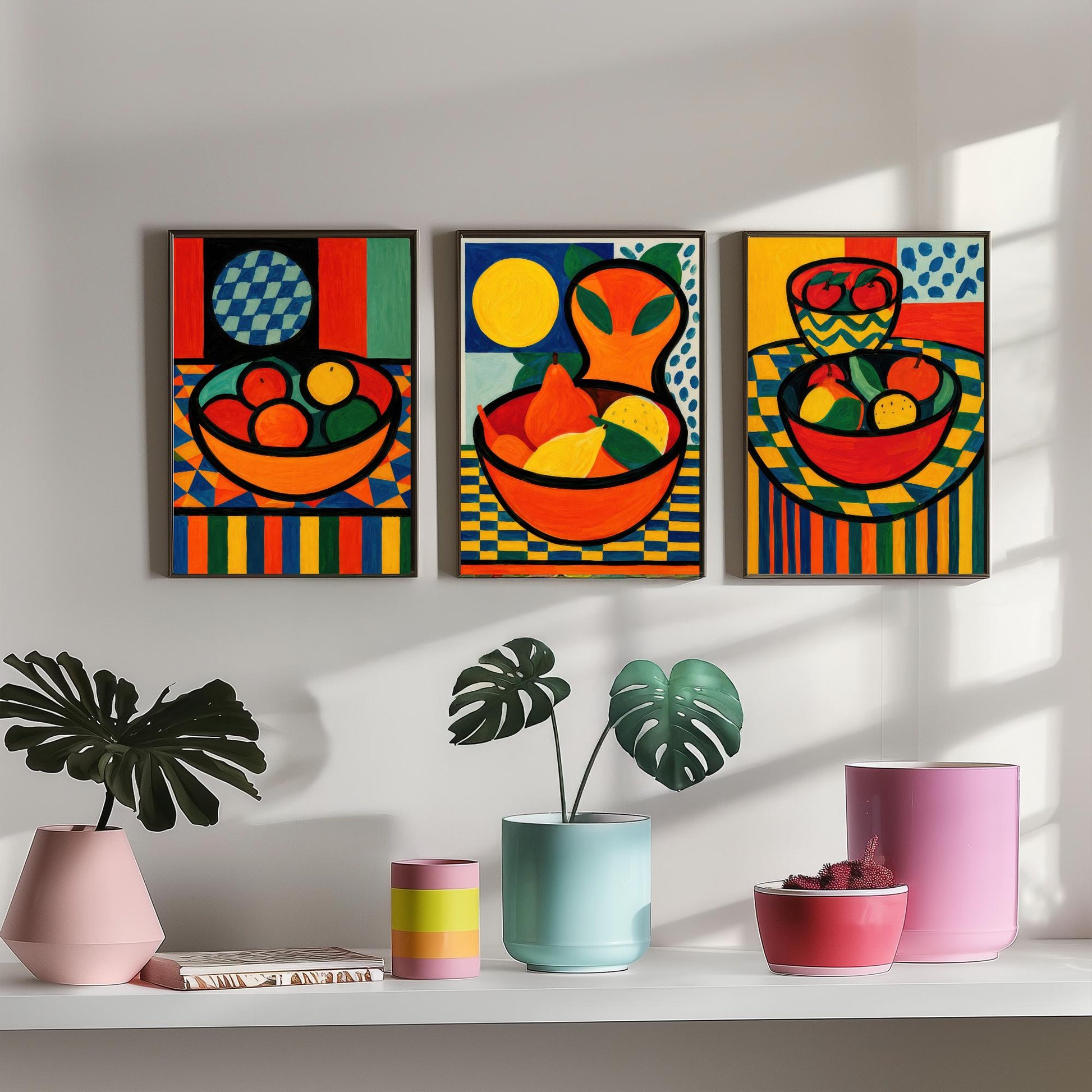 Neo Fauvist Fruit Bowls Set of Three Art Prints - Bold Still Life Kitchen Wall Art - Colourful Poster Painting Gift Decor