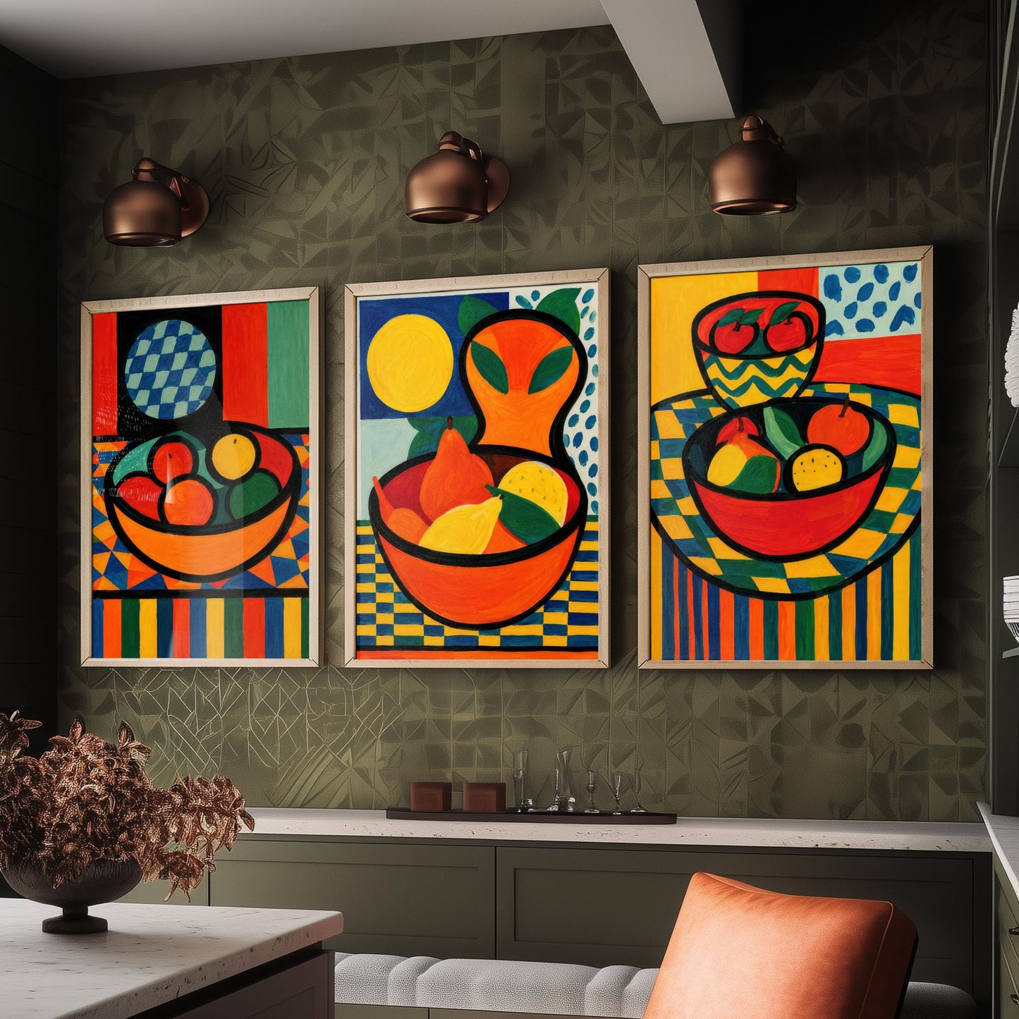 Neo Fauvist Fruit Bowls Set of Three Art Prints - Bold Still Life Kitchen Wall Art - Colourful Poster Painting Gift Decor