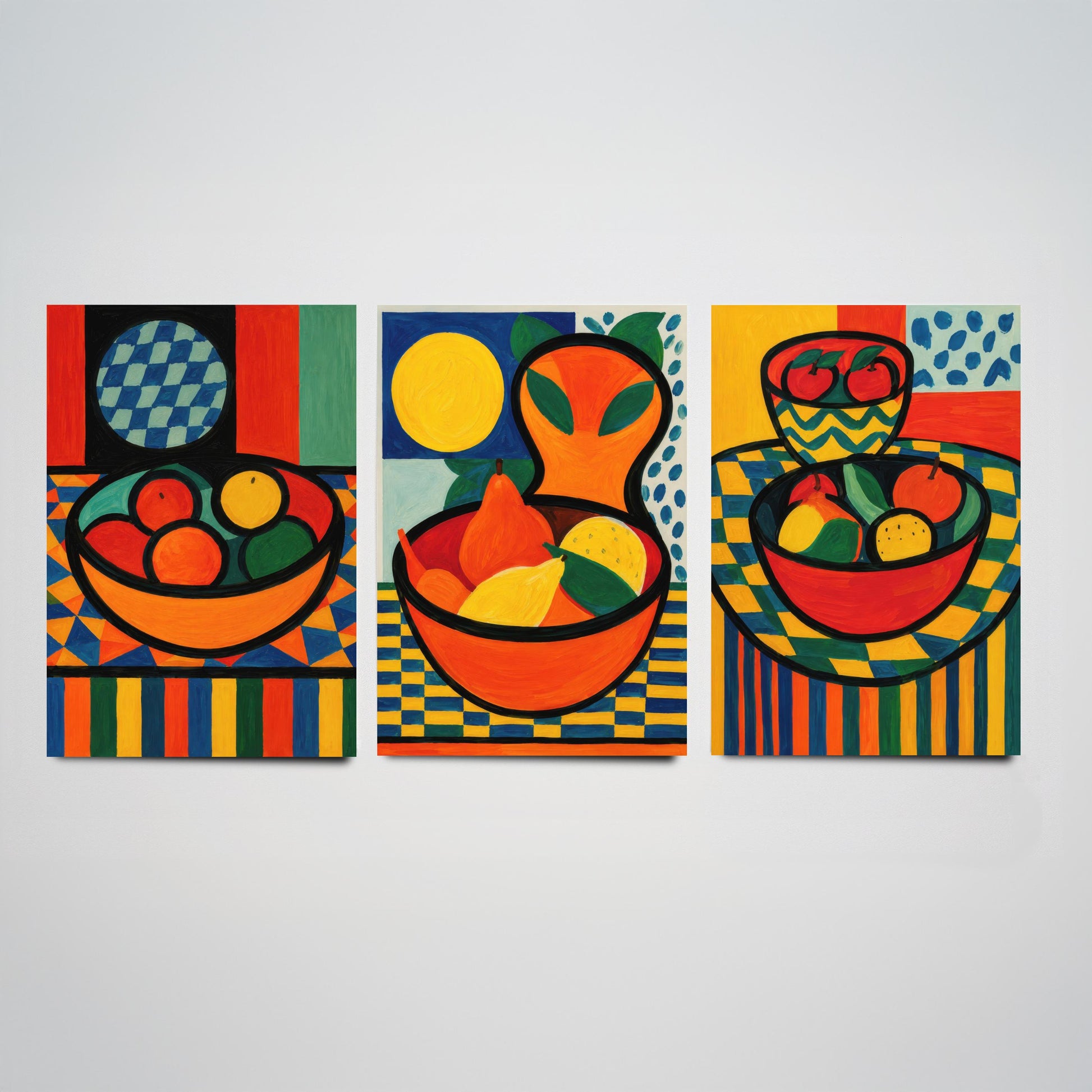 Neo Fauvist Fruit Bowls Set of Three Art Prints - Bold Still Life Kitchen Wall Art - Colourful Poster Painting Gift Decor