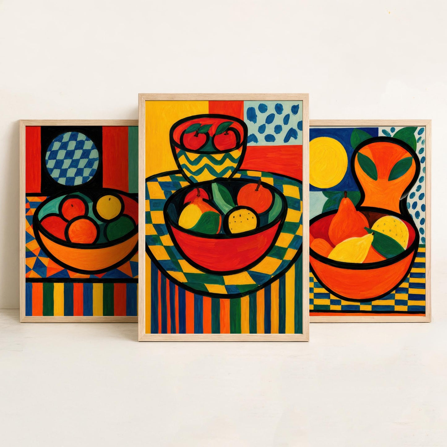 Neo Fauvist Fruit Bowls Set of Three Art Prints - Bold Still Life Kitchen Wall Art - Colourful Poster Painting Gift Decor