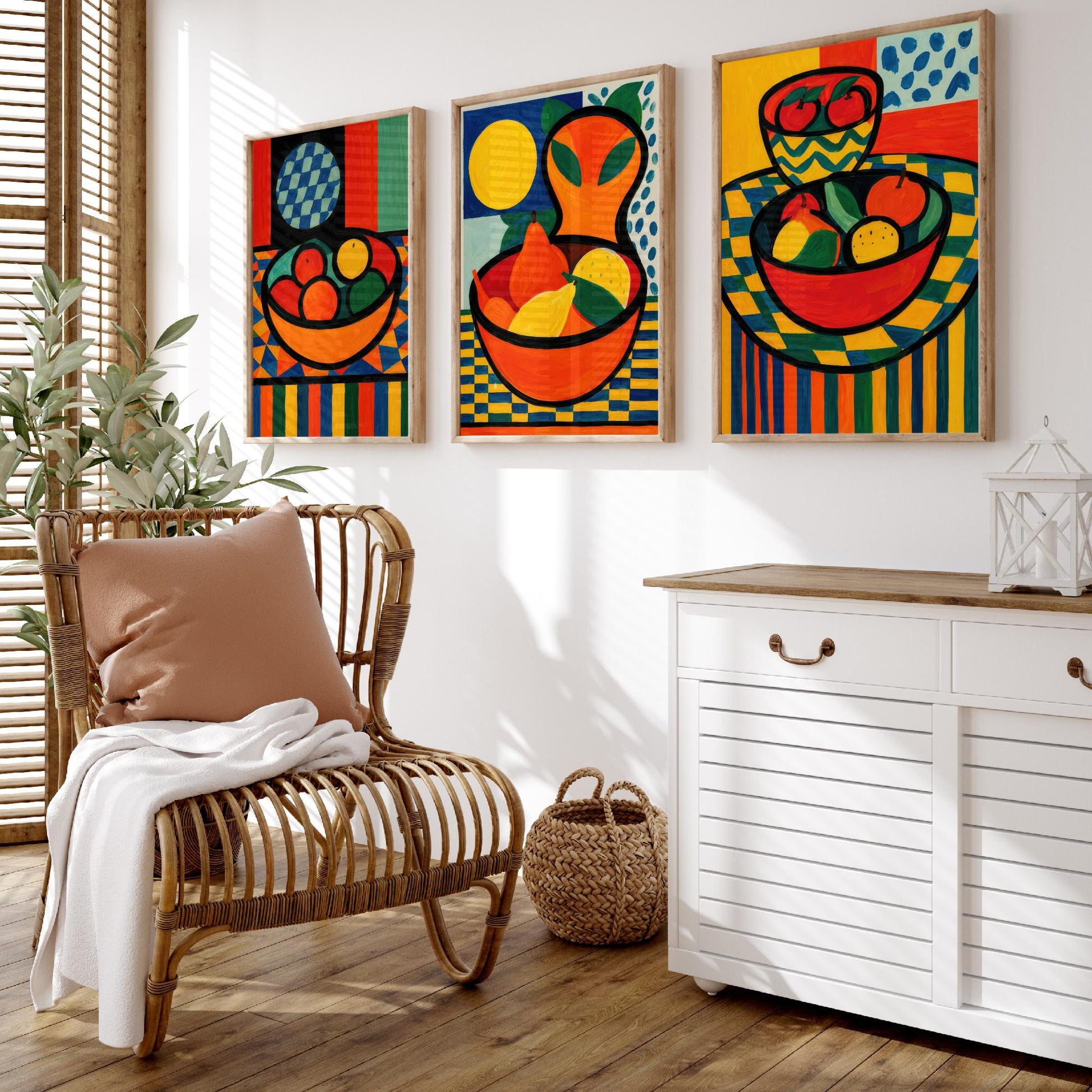 Neo Fauvist Fruit Bowls Set of Three Art Prints - Bold Still Life Kitchen Wall Art - Colourful Poster Painting Gift Decor