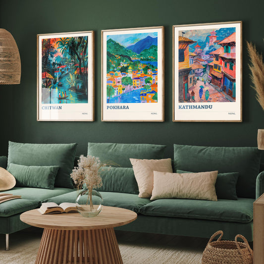 Set of Three Nepal Travel Posters - Chitwan, Pokhara, Kathmandu - 3 Himalaya Art Prints - Painting Illustration Gift Map