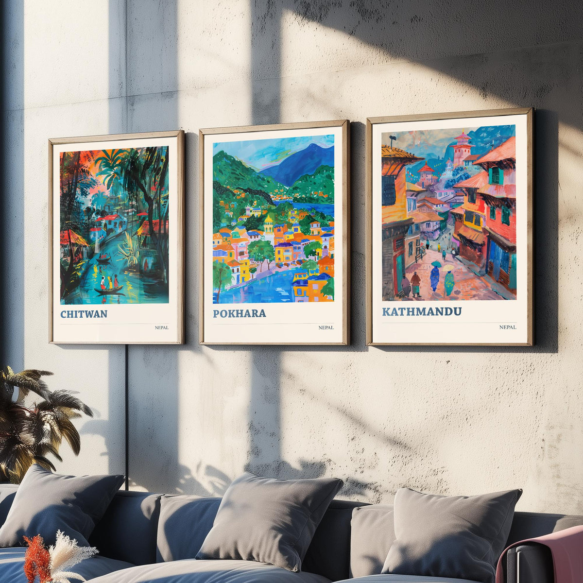 Set of Three Nepal Travel Posters - Chitwan, Pokhara, Kathmandu - 3 Himalaya Art Prints - Painting Illustration Gift Map