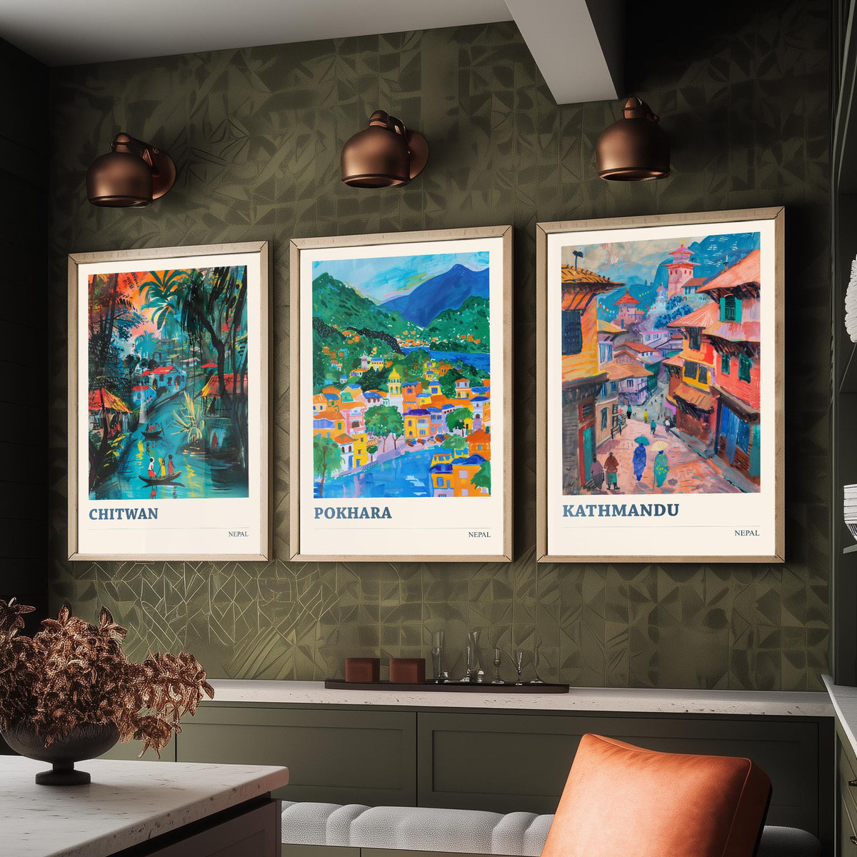 Set of Three Nepal Travel Posters - Chitwan, Pokhara, Kathmandu - 3 Himalaya Art Prints - Painting Illustration Gift Map