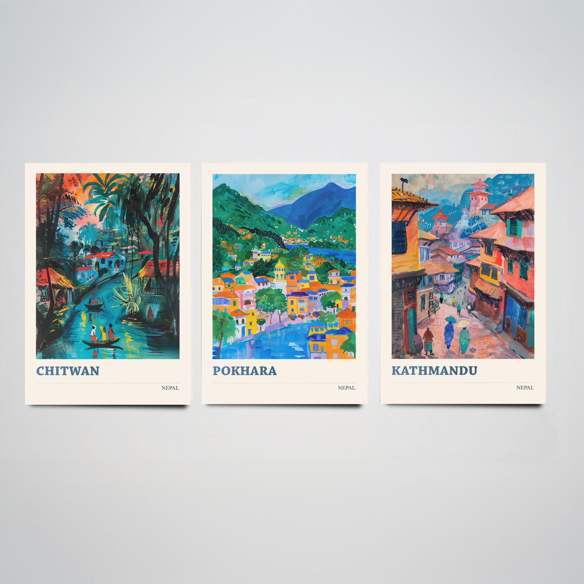 Set of Three Nepal Travel Posters - Chitwan, Pokhara, Kathmandu - 3 Himalaya Art Prints - Painting Illustration Gift Map