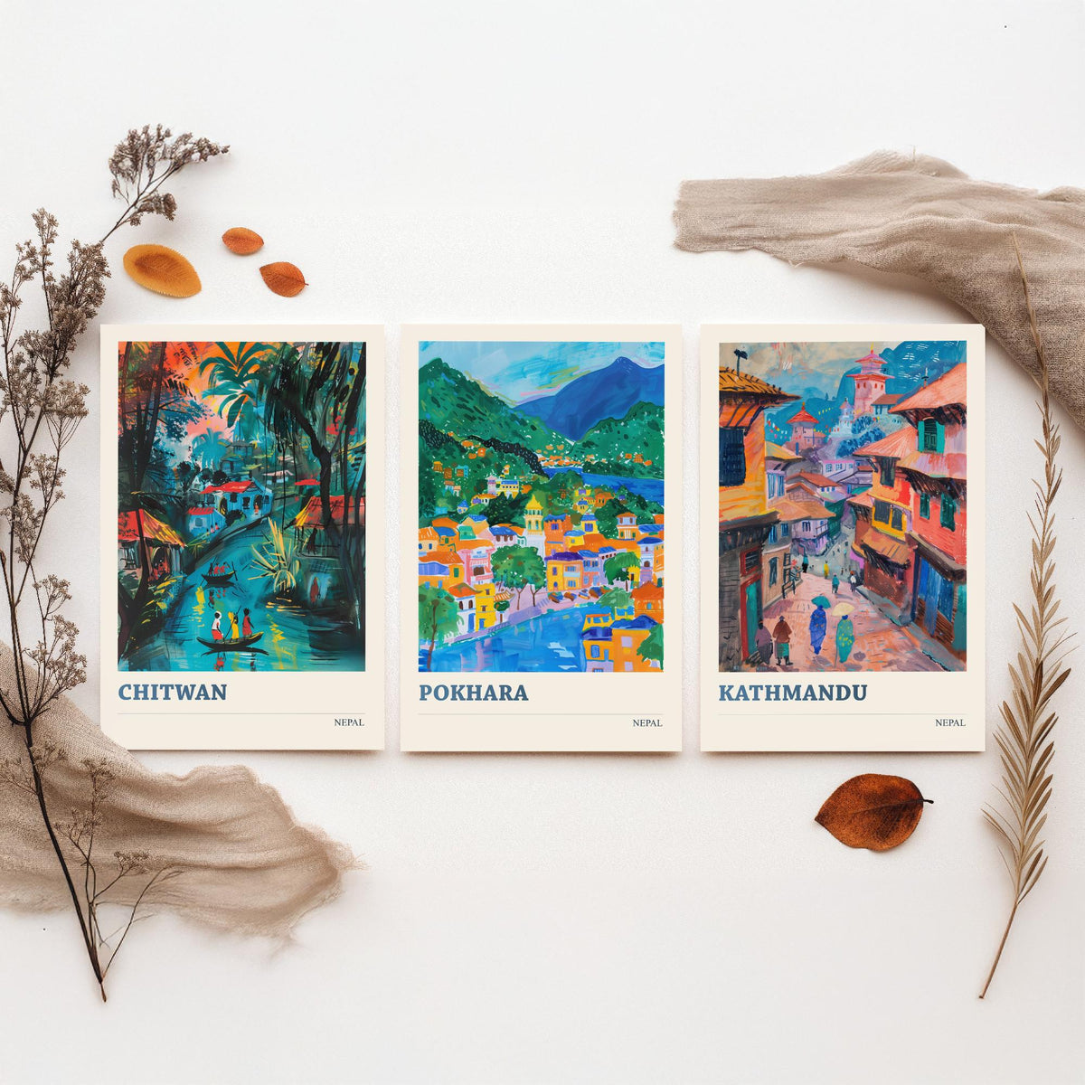 Set of Three Nepal Travel Posters - Chitwan, Pokhara, Kathmandu - 3 Himalaya Art Prints - Painting Illustration Gift Map