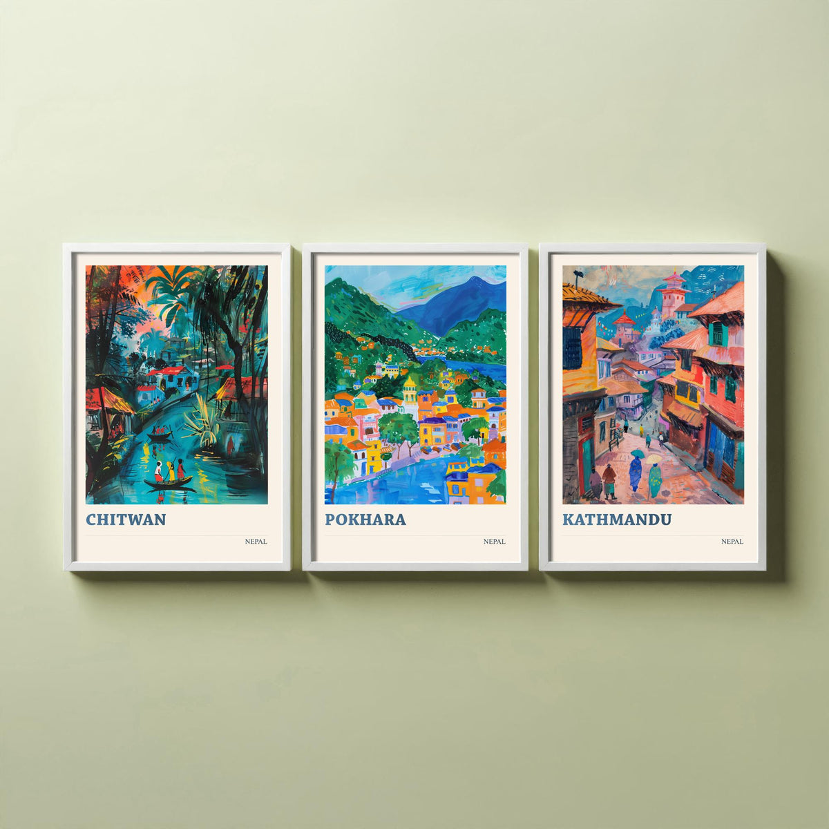Set of Three Nepal Travel Posters - Chitwan, Pokhara, Kathmandu - 3 Himalaya Art Prints - Painting Illustration Gift Map