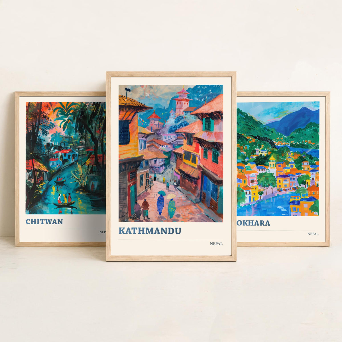 Set of Three Nepal Travel Posters - Chitwan, Pokhara, Kathmandu - 3 Himalaya Art Prints - Painting Illustration Gift Map