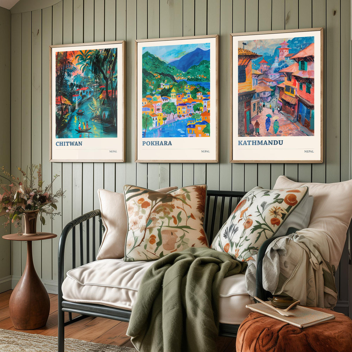 Set of Three Nepal Travel Posters - Chitwan, Pokhara, Kathmandu - 3 Himalaya Art Prints - Painting Illustration Gift Map