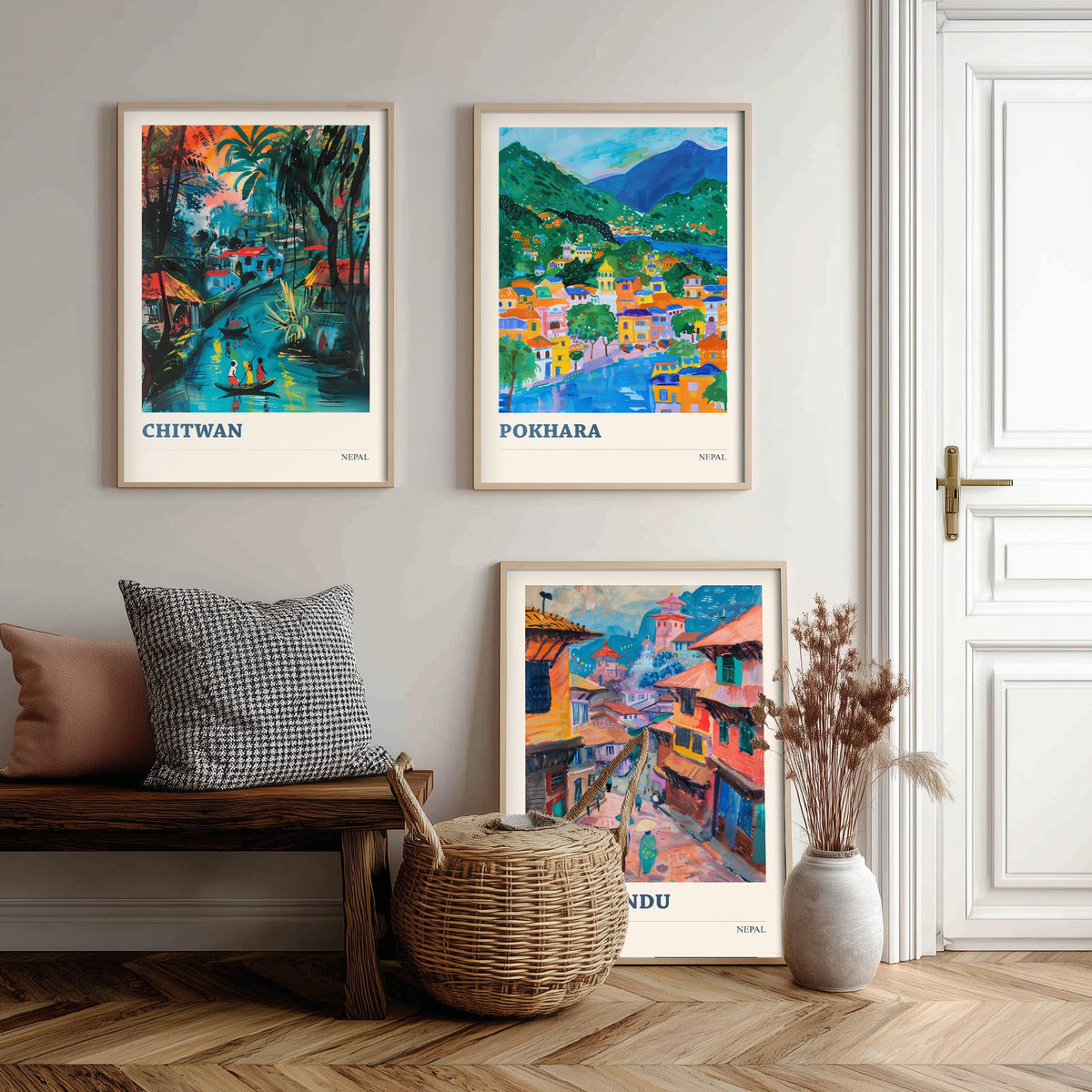 Set of Three Nepal Travel Posters - Chitwan, Pokhara, Kathmandu - 3 Himalaya Art Prints - Painting Illustration Gift Map