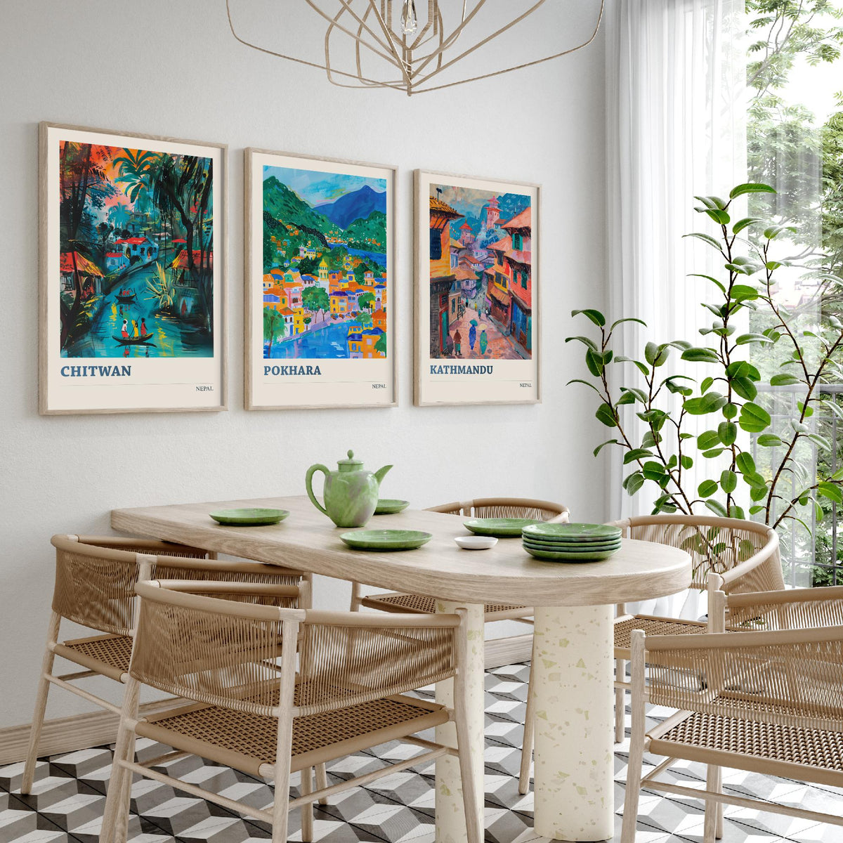 Set of Three Nepal Travel Posters - Chitwan, Pokhara, Kathmandu - 3 Himalaya Art Prints - Painting Illustration Gift Map