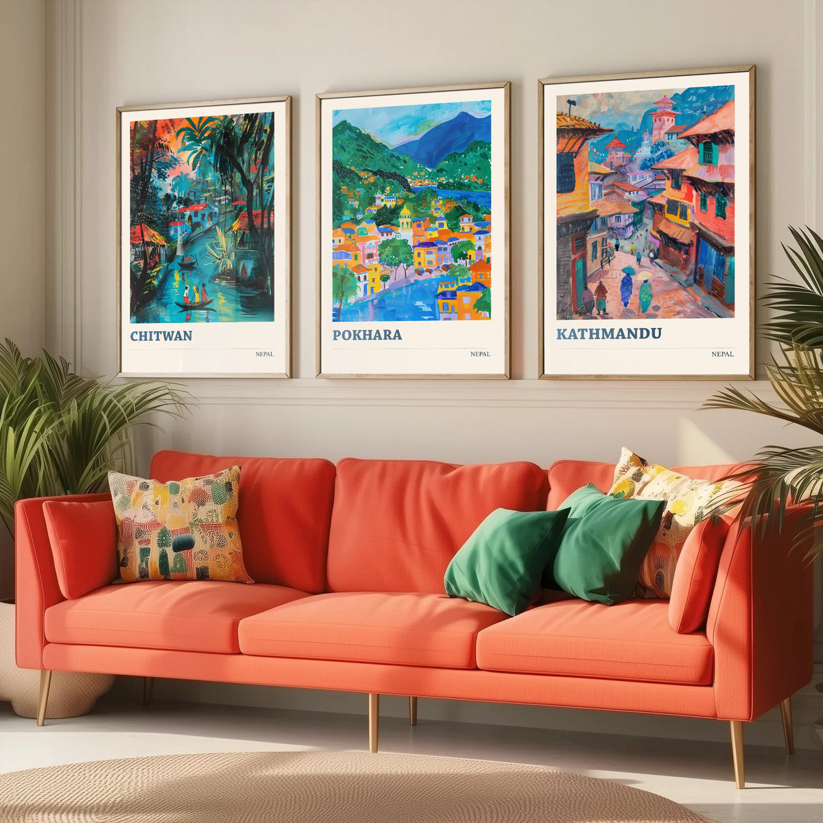 Set of Three Nepal Travel Posters - Chitwan, Pokhara, Kathmandu - 3 Himalaya Art Prints - Painting Illustration Gift Map