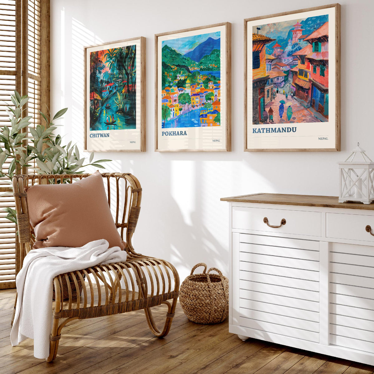Set of Three Nepal Travel Posters - Chitwan, Pokhara, Kathmandu - 3 Himalaya Art Prints - Painting Illustration Gift Map