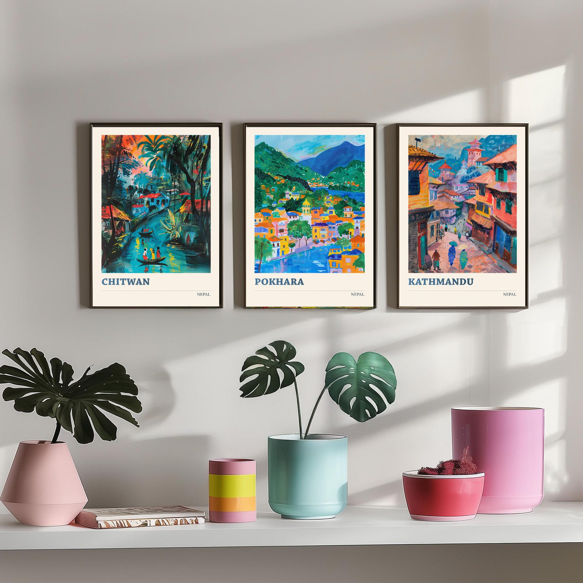 Set of Three Nepal Travel Posters - Chitwan, Pokhara, Kathmandu - 3 Himalaya Art Prints - Painting Illustration Gift Map