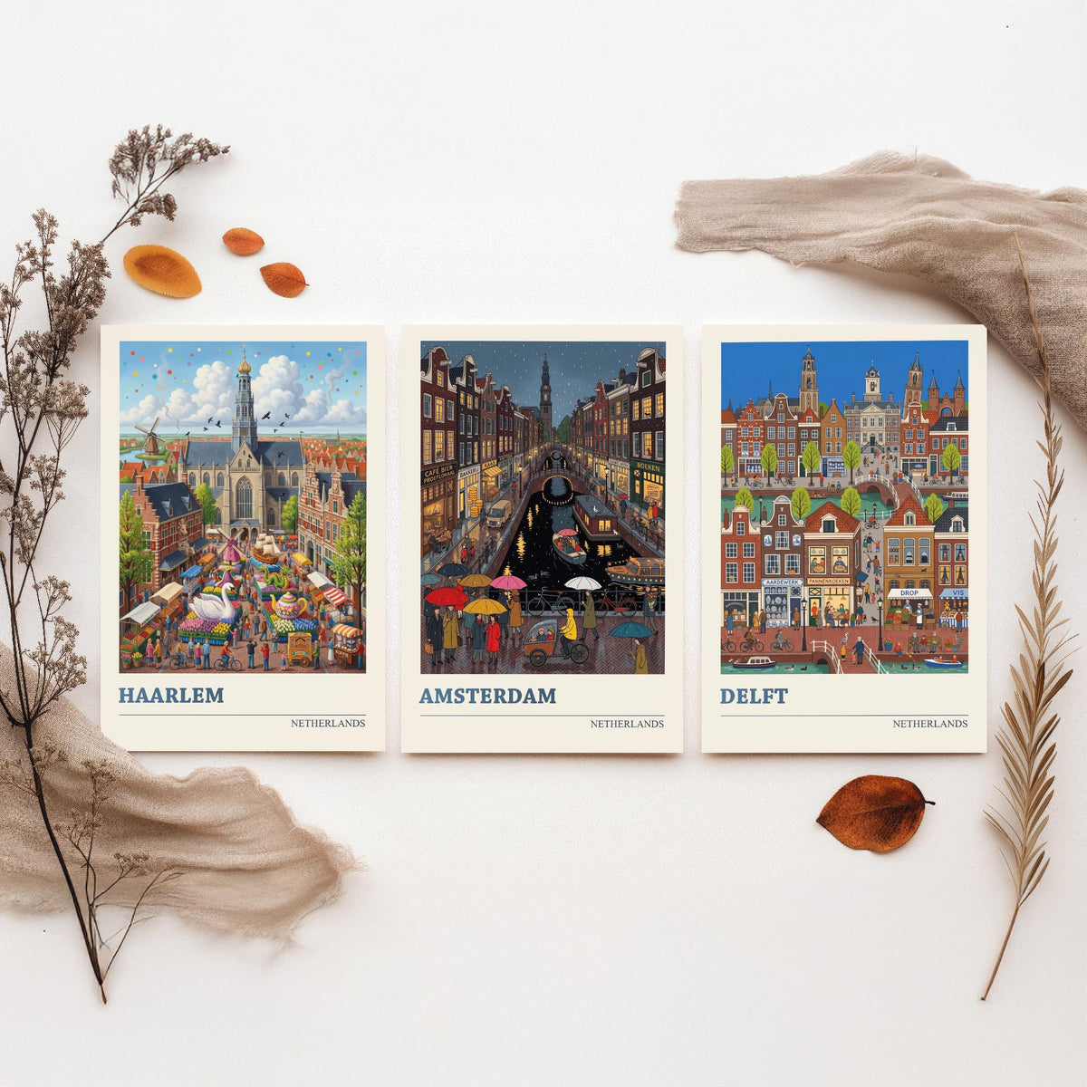 Netherlands Set of Three Art Prints - Haarlem, Amsterdam, Delft - 3 Colourful Folk Illustration Travel Posters - Dutch Painting