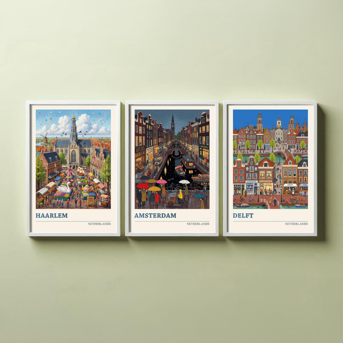 Netherlands Set of Three Art Prints - Haarlem, Amsterdam, Delft - 3 Colourful Folk Illustration Travel Posters - Dutch Painting