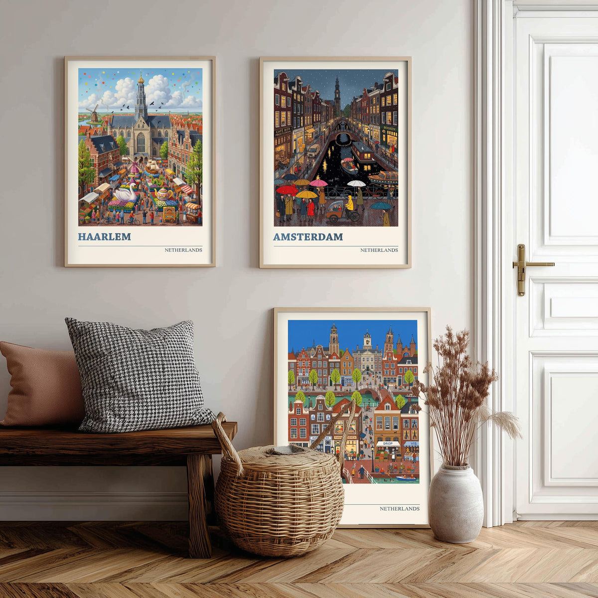 Netherlands Set of Three Art Prints - Haarlem, Amsterdam, Delft - 3 Colourful Folk Illustration Travel Posters - Dutch Painting