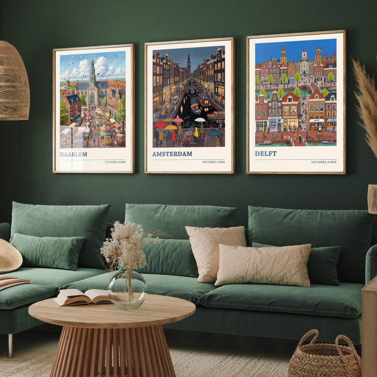 Netherlands Set of Three Art Prints - Haarlem, Amsterdam, Delft - 3 Colourful Folk Illustration Travel Posters - Dutch Painting