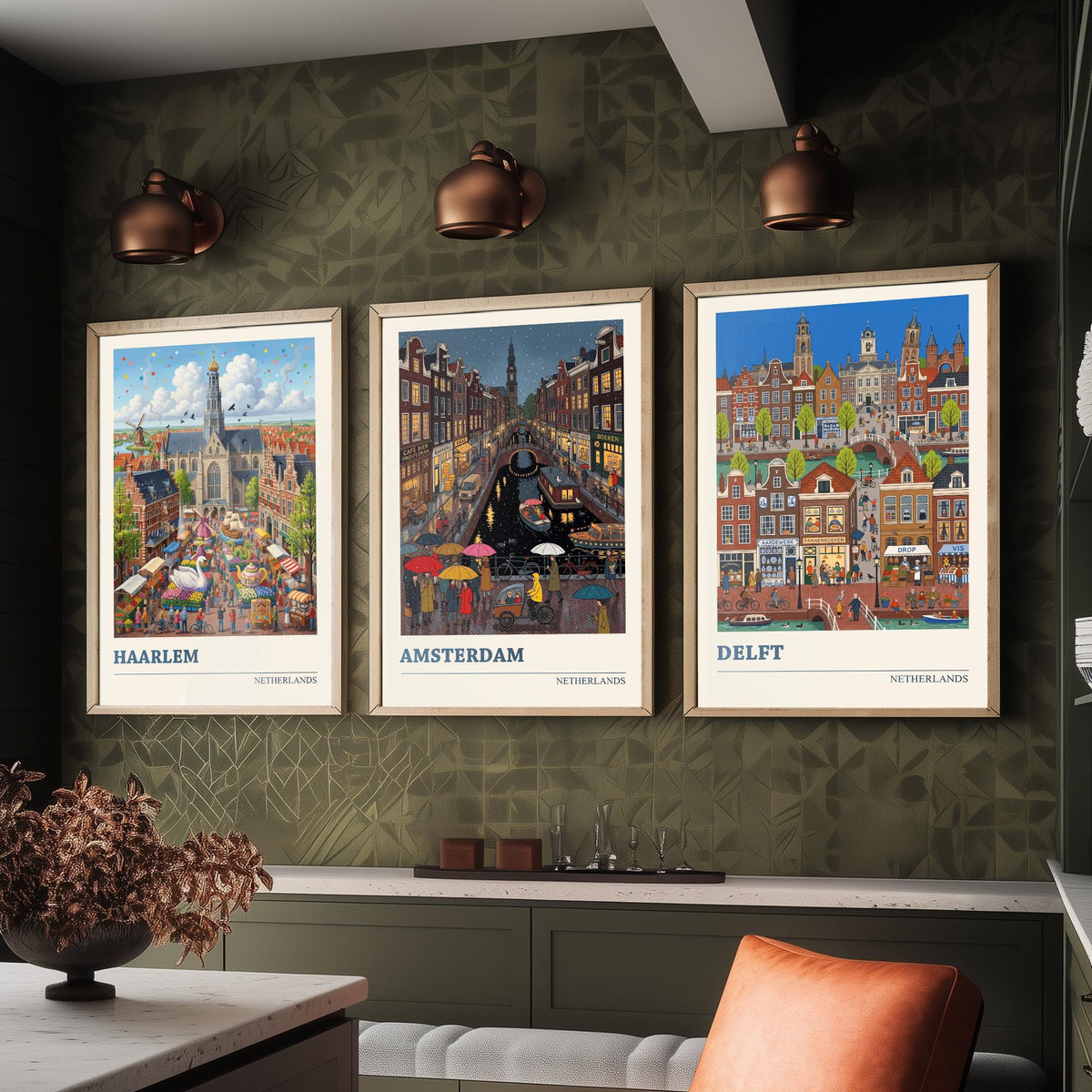 Netherlands Set of Three Art Prints - Haarlem, Amsterdam, Delft - 3 Colourful Folk Illustration Travel Posters - Dutch Painting