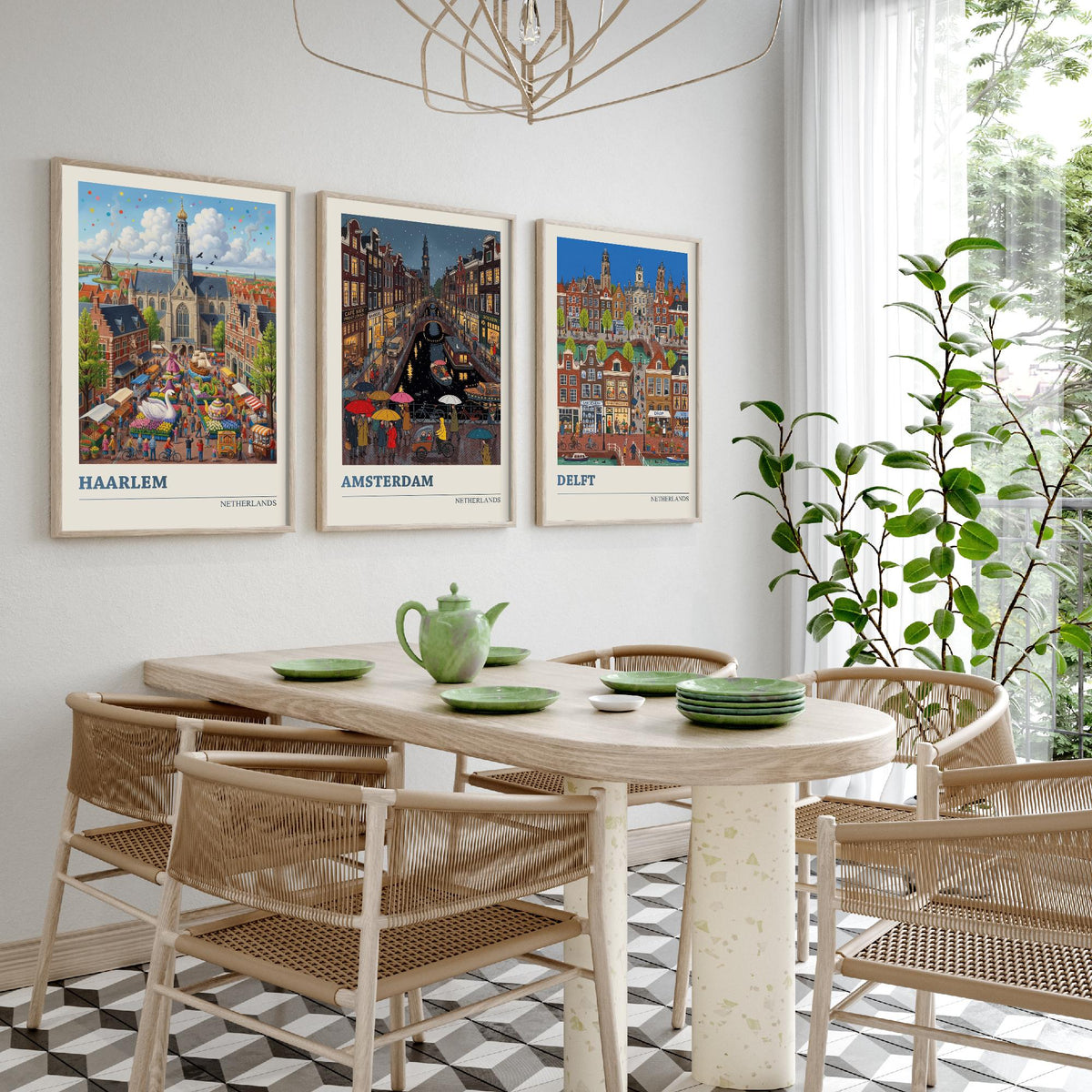 Netherlands Set of Three Art Prints - Haarlem, Amsterdam, Delft - 3 Colourful Folk Illustration Travel Posters - Dutch Painting