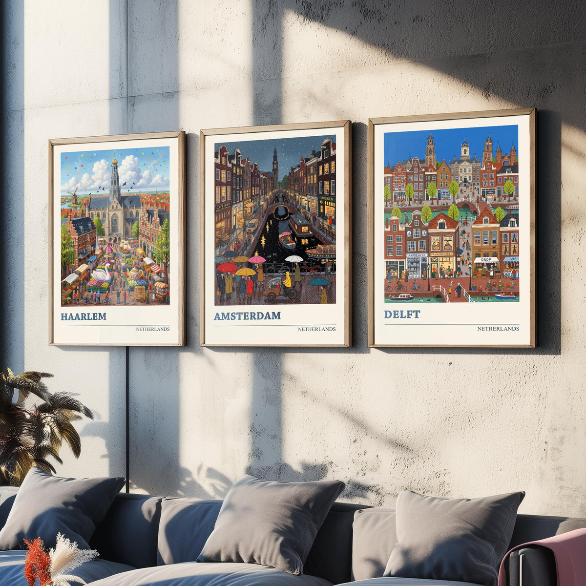 Netherlands Set of Three Art Prints - Haarlem, Amsterdam, Delft - 3 Colourful Folk Illustration Travel Posters - Dutch Painting