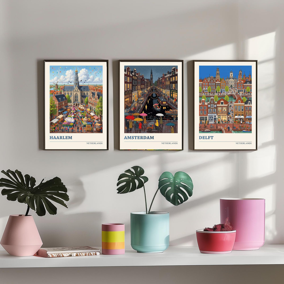 Netherlands Set of Three Art Prints - Haarlem, Amsterdam, Delft - 3 Colourful Folk Illustration Travel Posters - Dutch Painting