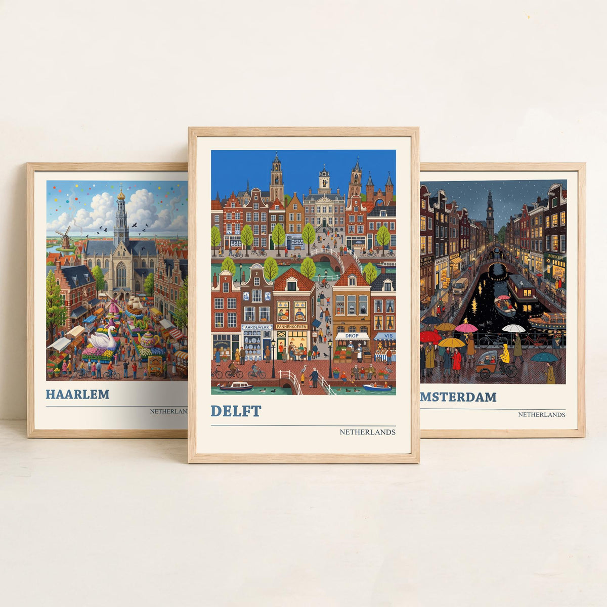 Netherlands Set of Three Art Prints - Haarlem, Amsterdam, Delft - 3 Colourful Folk Illustration Travel Posters - Dutch Painting
