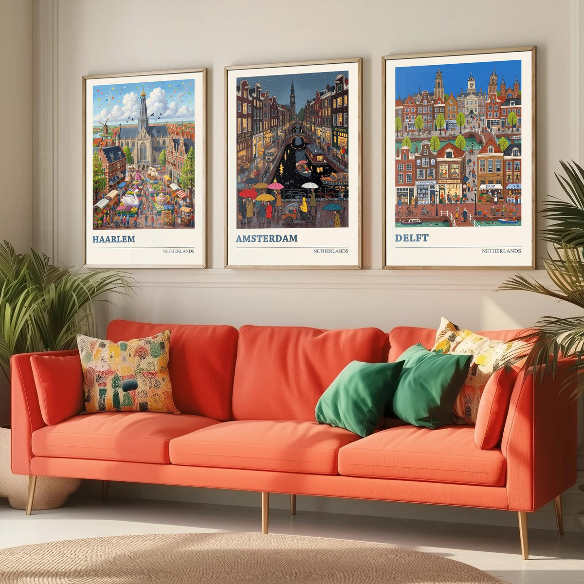 Netherlands Set of Three Art Prints - Haarlem, Amsterdam, Delft - 3 Colourful Folk Illustration Travel Posters - Dutch Painting