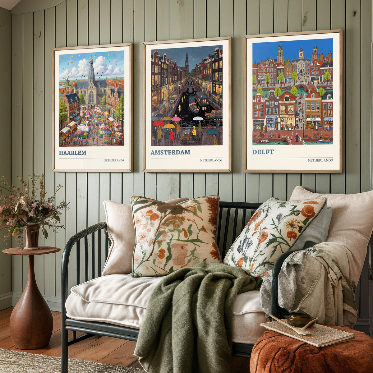 Netherlands Set of Three Art Prints - Haarlem, Amsterdam, Delft - 3 Colourful Folk Illustration Travel Posters - Dutch Painting