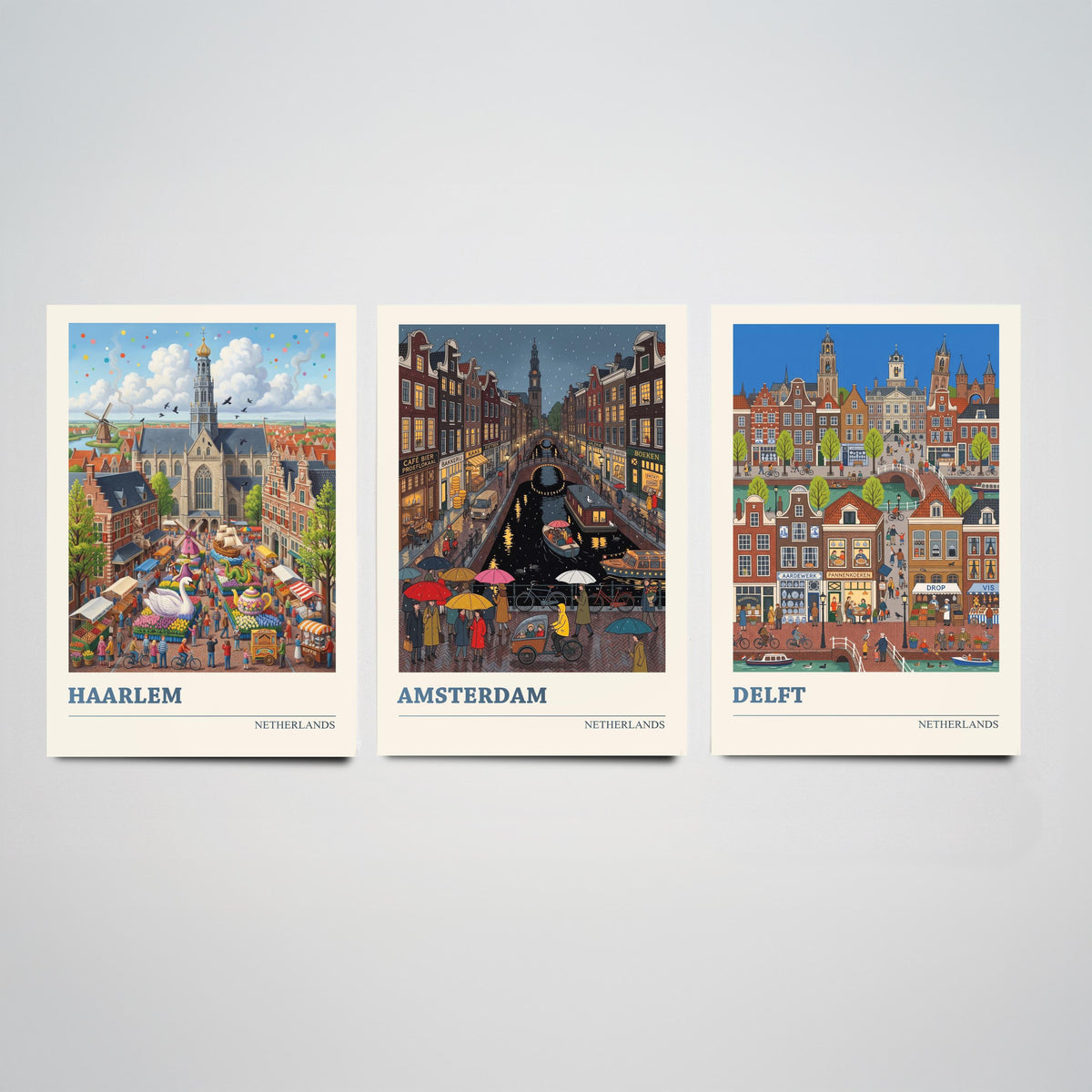 Netherlands Set of Three Art Prints - Haarlem, Amsterdam, Delft - 3 Colourful Folk Illustration Travel Posters - Dutch Painting