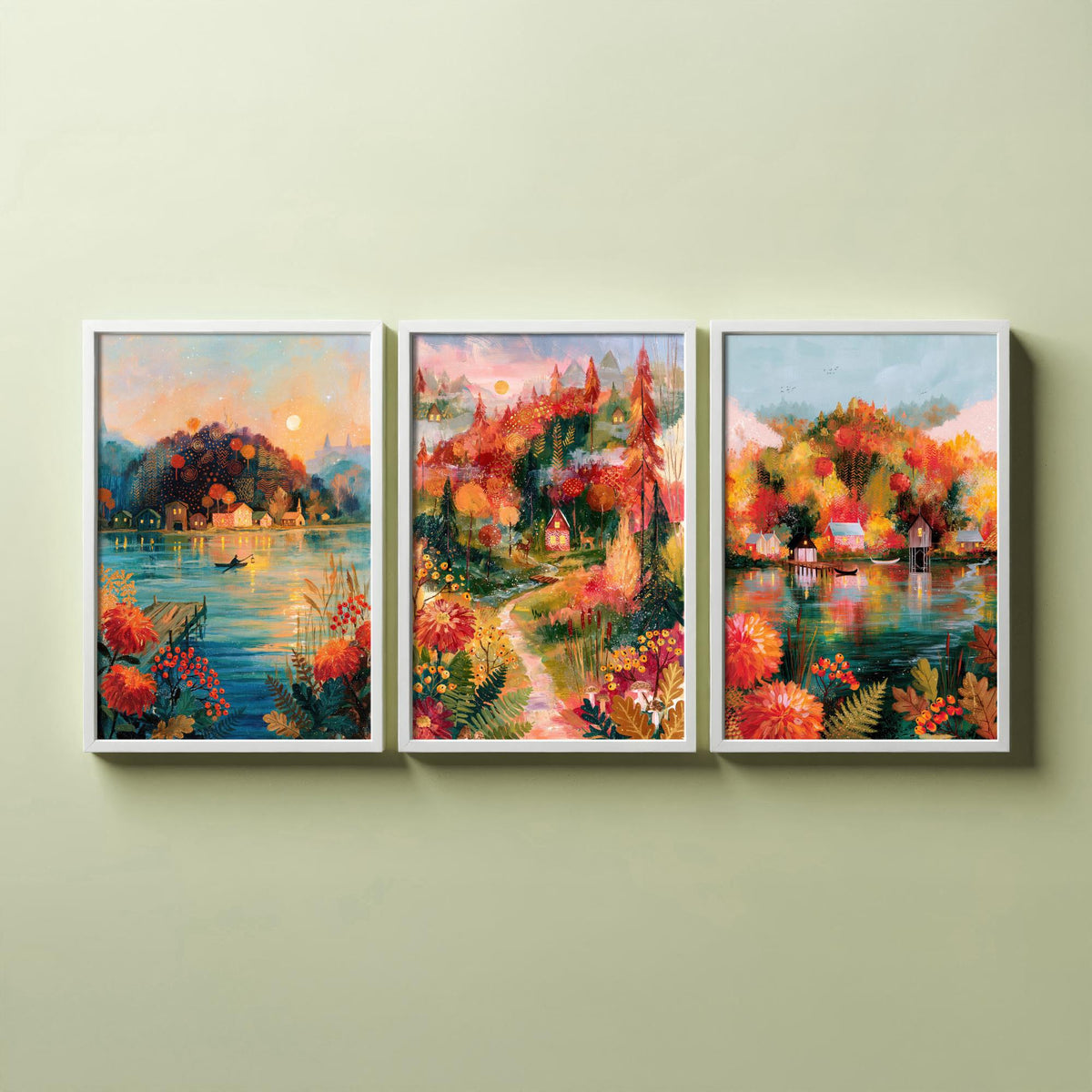 New England Fall Foliage Set of Three Art Prints - Berkshires, White Mountains, Vermont - Autumn Lake Cabin Paintings - Folk Art Posters