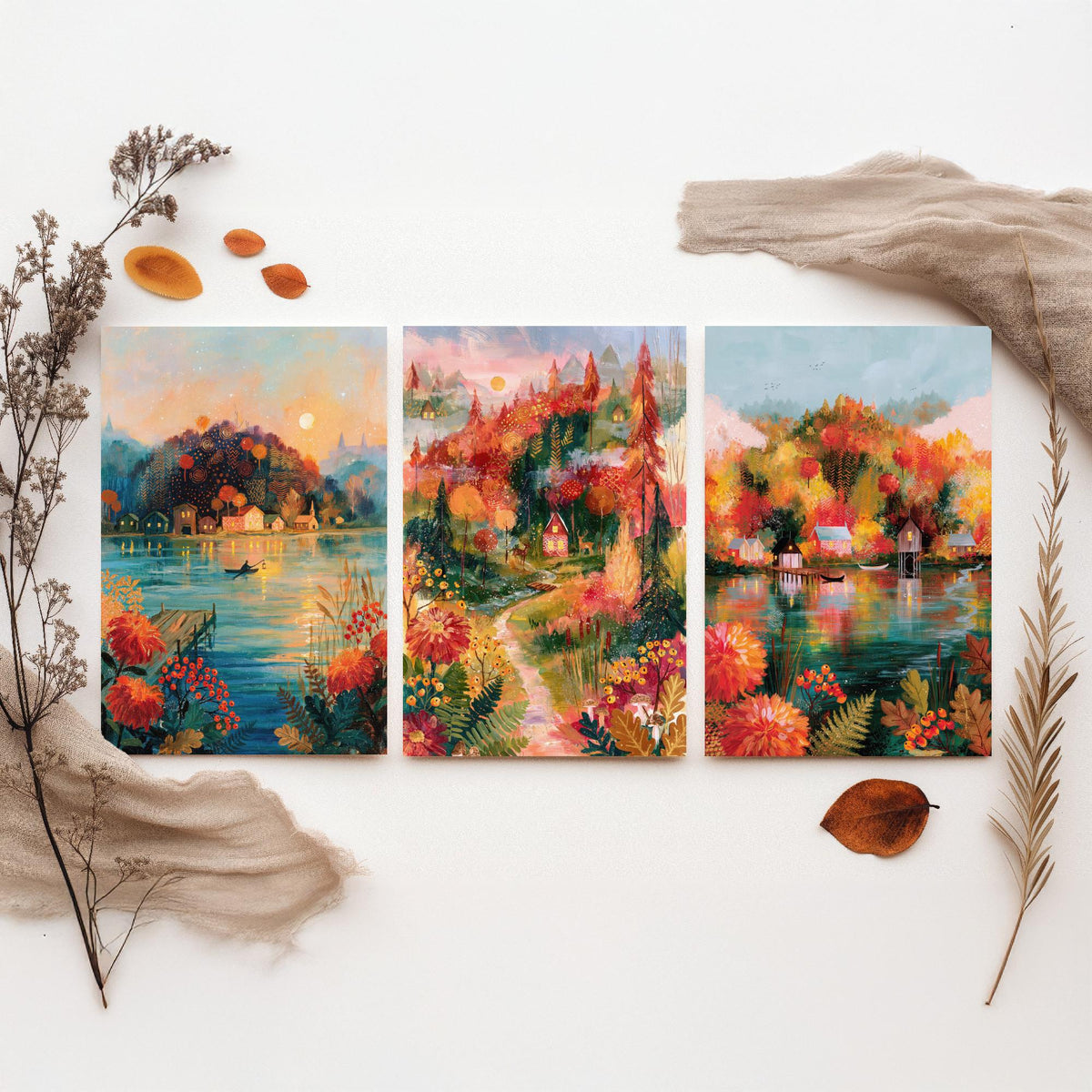 New England Fall Foliage Set of Three Art Prints - Berkshires, White Mountains, Vermont - Autumn Lake Cabin Paintings - Folk Art Posters