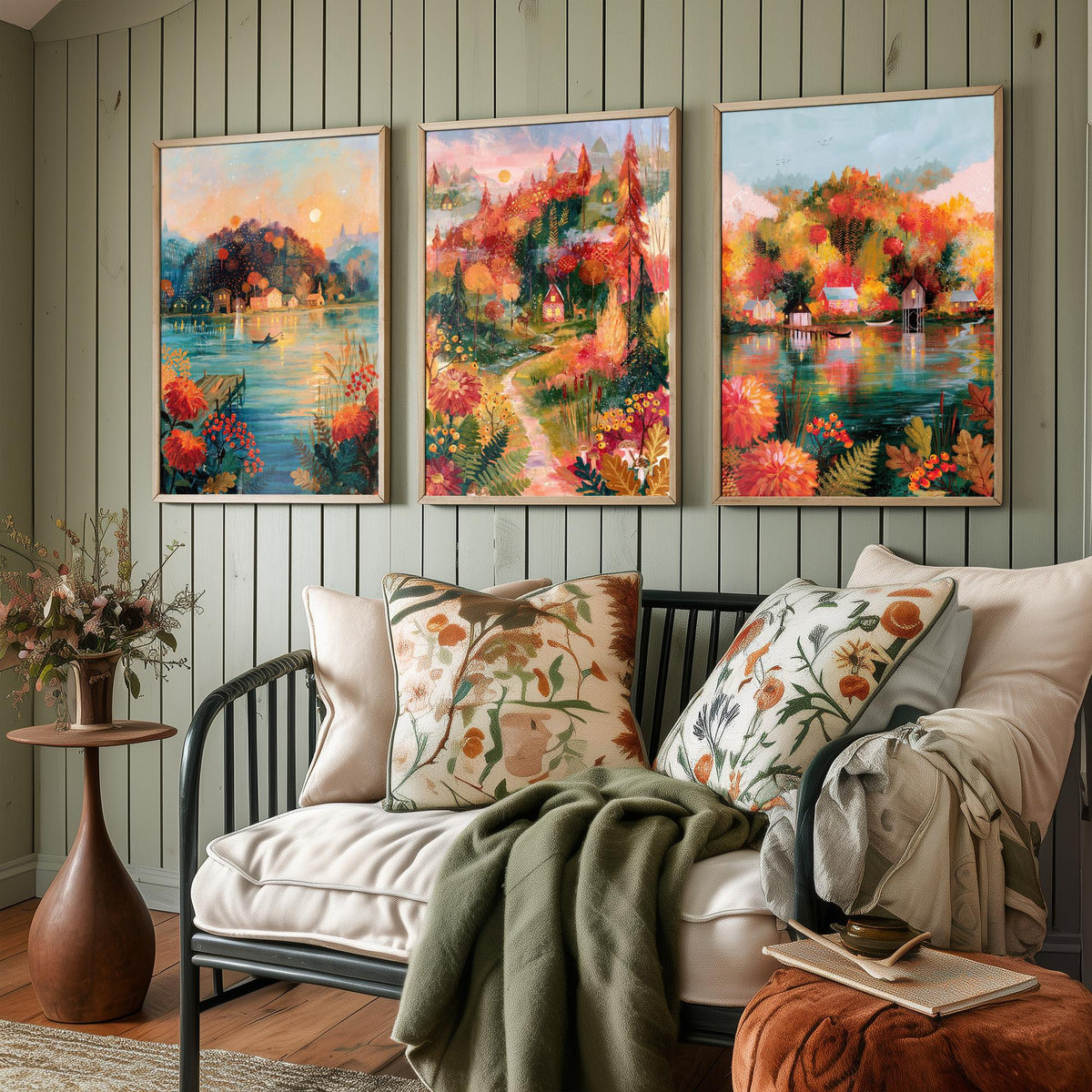 New England Fall Foliage Set of Three Art Prints - Berkshires, White Mountains, Vermont - Autumn Lake Cabin Paintings - Folk Art Posters