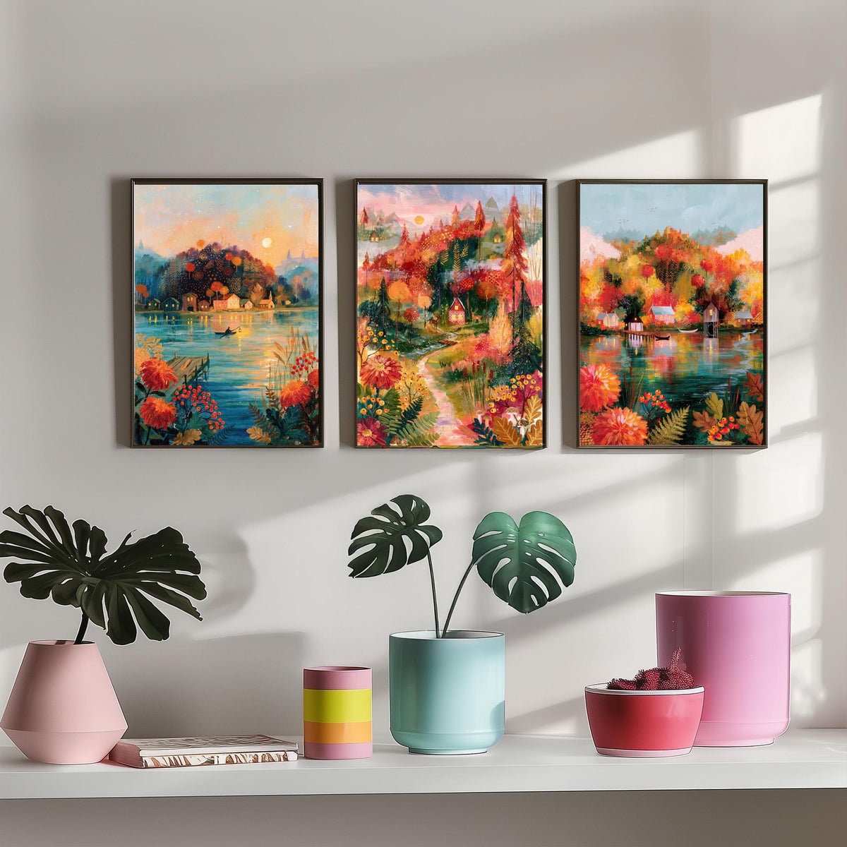 New England Fall Foliage Set of Three Art Prints - Berkshires, White Mountains, Vermont - Autumn Lake Cabin Paintings - Folk Art Posters