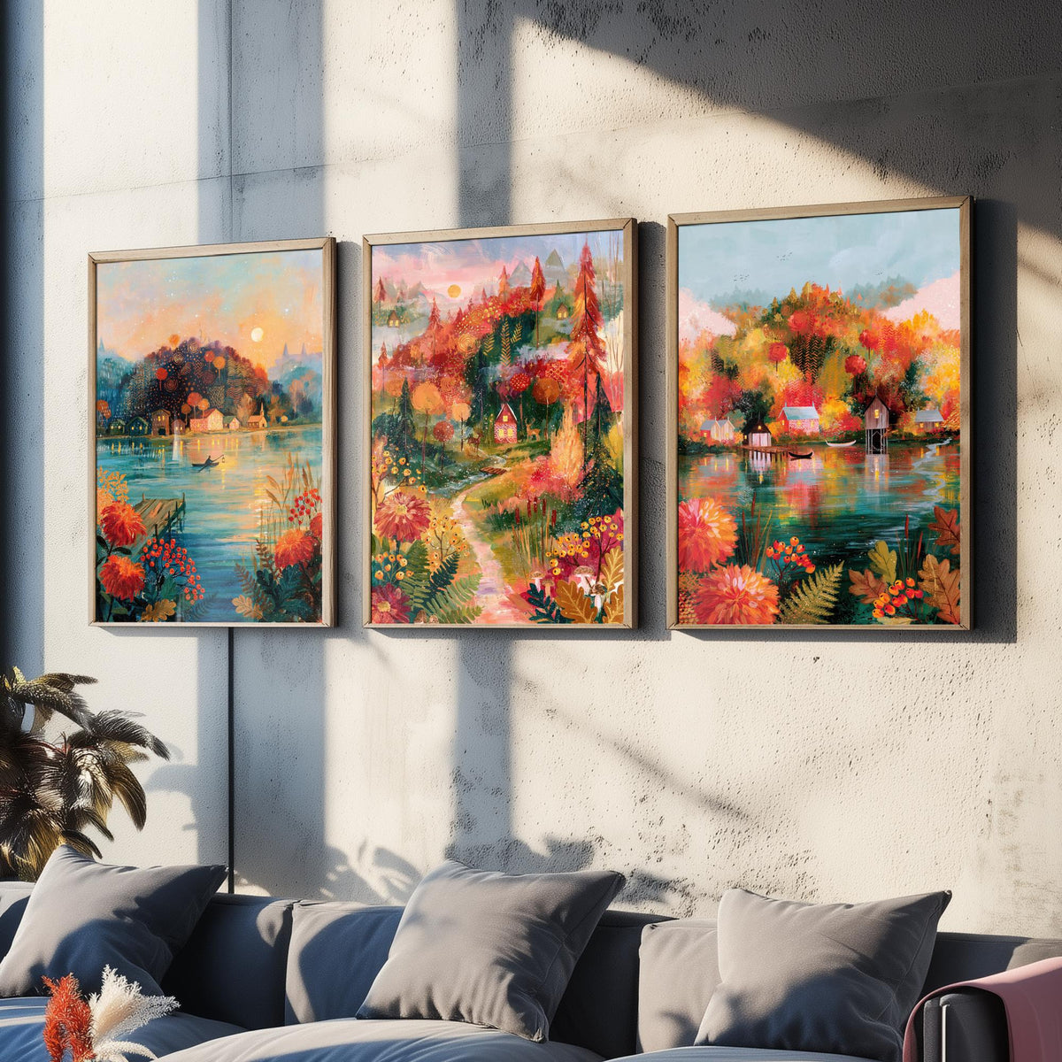 New England Fall Foliage Set of Three Art Prints - Berkshires, White Mountains, Vermont - Autumn Lake Cabin Paintings - Folk Art Posters