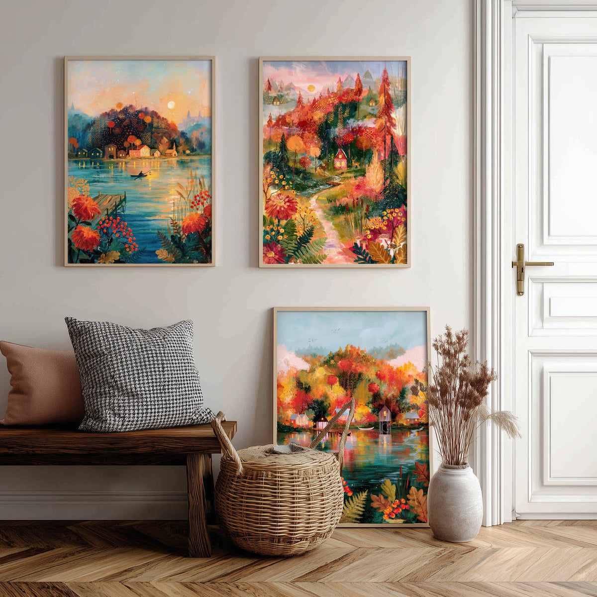 New England Fall Foliage Set of Three Art Prints - Berkshires, White Mountains, Vermont - Autumn Lake Cabin Paintings - Folk Art Posters
