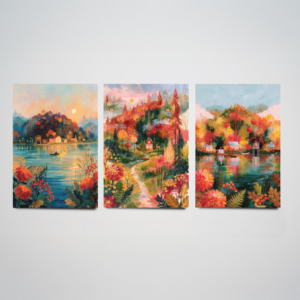 New England Fall Foliage Set of Three Art Prints - Berkshires, White Mountains, Vermont - Autumn Lake Cabin Paintings - Folk Art Posters