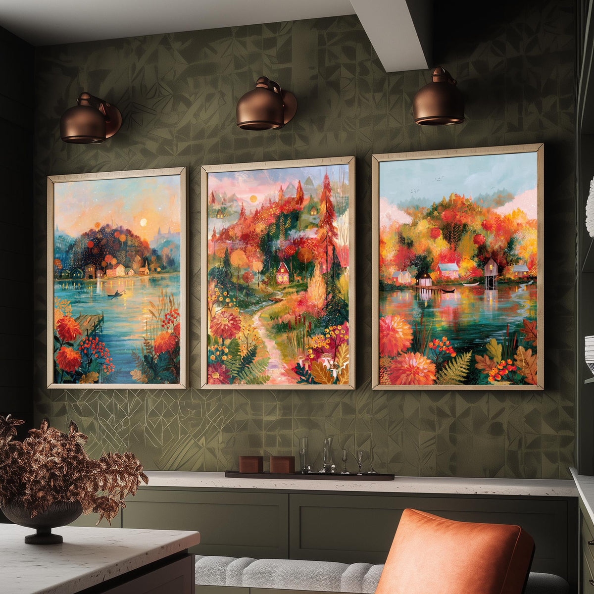New England Fall Foliage Set of Three Art Prints - Berkshires, White Mountains, Vermont - Autumn Lake Cabin Paintings - Folk Art Posters