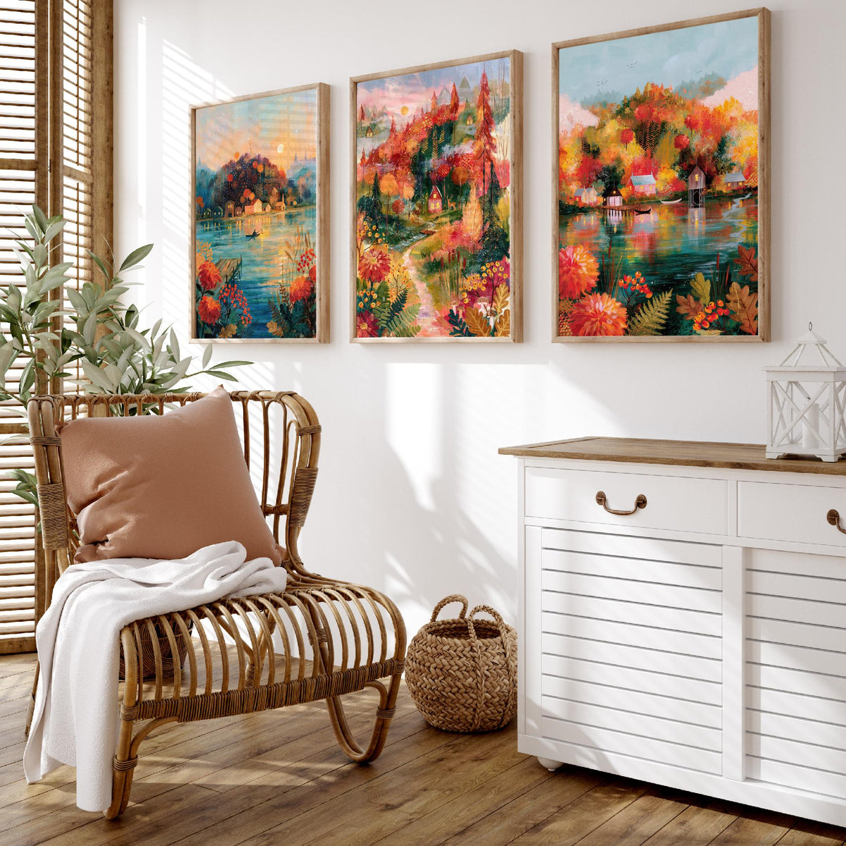 New England Fall Foliage Set of Three Art Prints - Berkshires, White Mountains, Vermont - Autumn Lake Cabin Paintings - Folk Art Posters