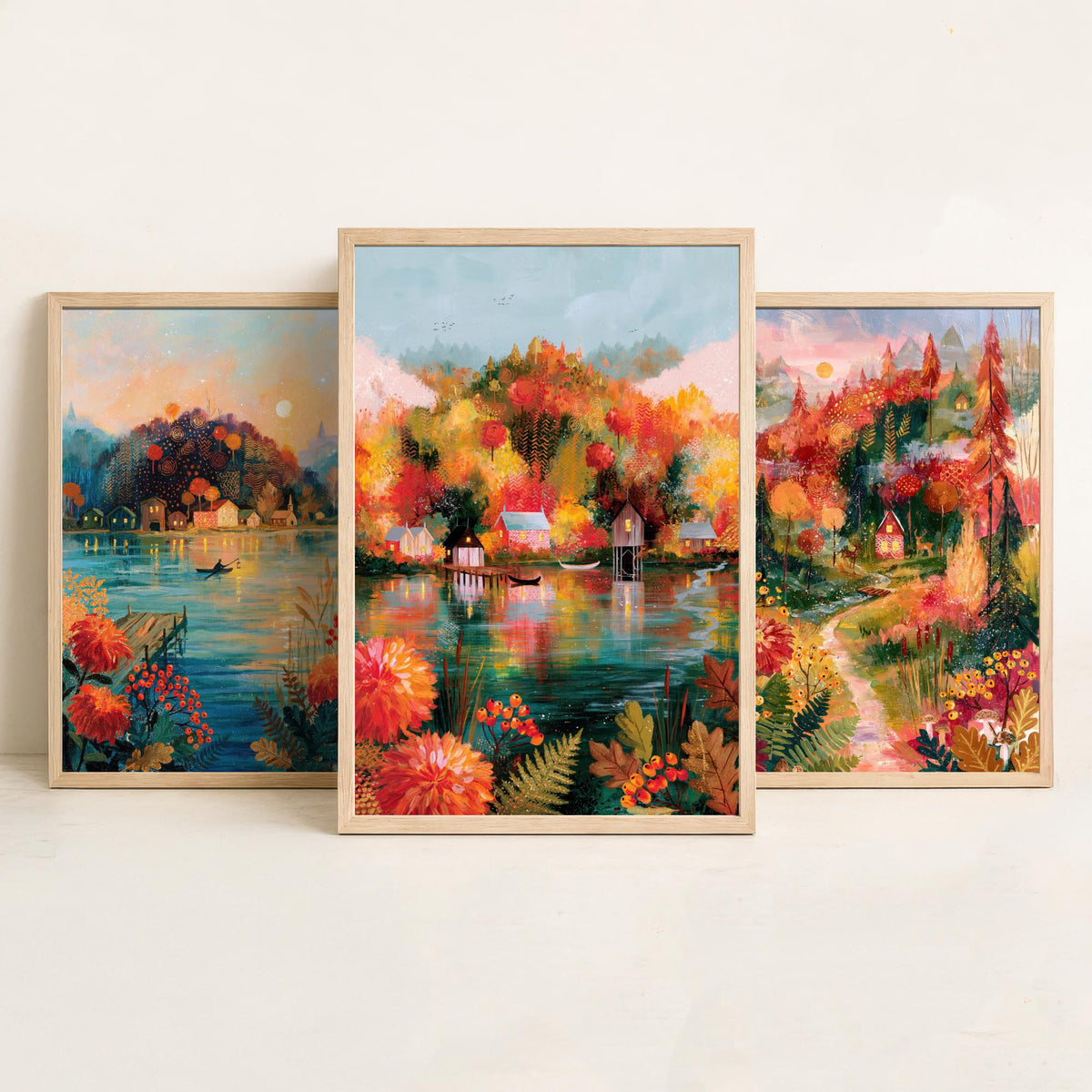 New England Fall Foliage Set of Three Art Prints - Berkshires, White Mountains, Vermont - Autumn Lake Cabin Paintings - Folk Art Posters