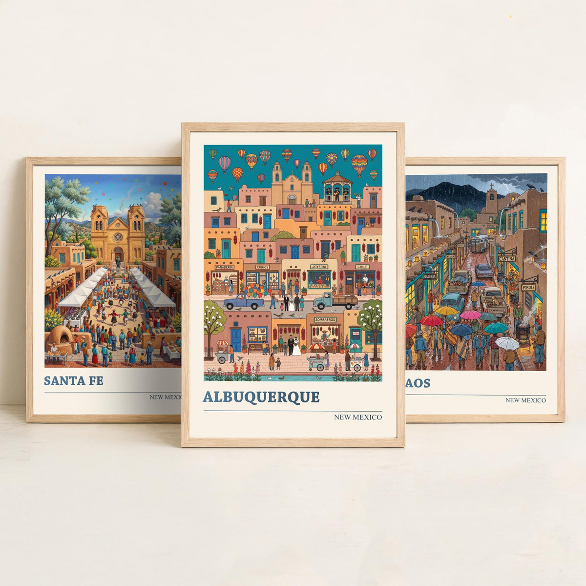 New Mexico Set of Three Art Prints - Santa Fe, Taos, Albuquerque - 3 Colourful Folk Illustration Travel Posters - Southwest Painting