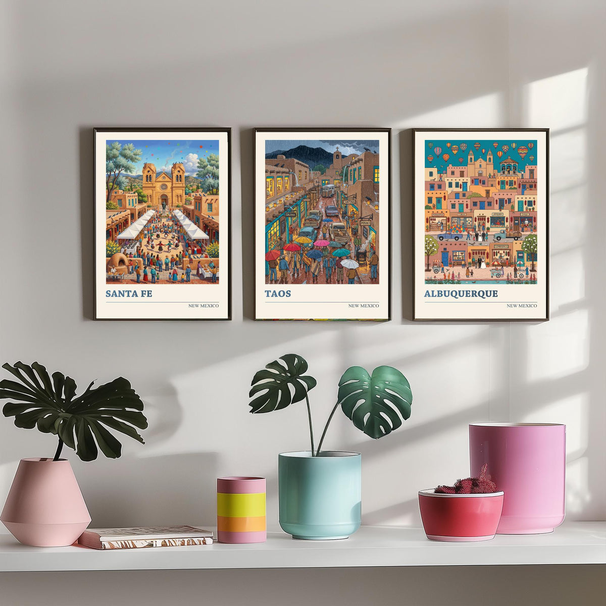 New Mexico Set of Three Art Prints - Santa Fe, Taos, Albuquerque - 3 Colourful Folk Illustration Travel Posters - Southwest Painting