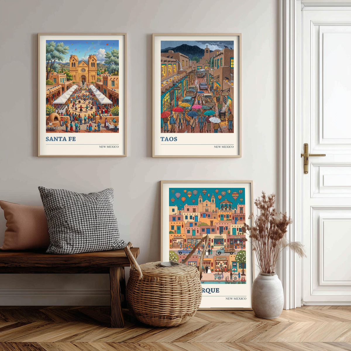 New Mexico Set of Three Art Prints - Santa Fe, Taos, Albuquerque - 3 Colourful Folk Illustration Travel Posters - Southwest Painting