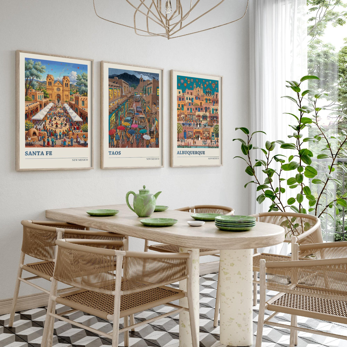 New Mexico Set of Three Art Prints - Santa Fe, Taos, Albuquerque - 3 Colourful Folk Illustration Travel Posters - Southwest Painting