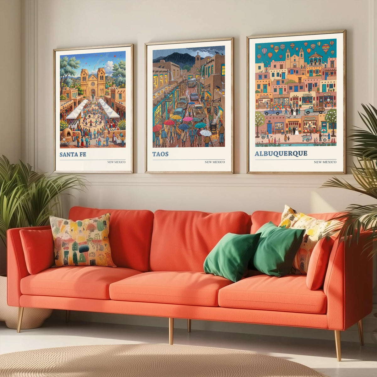 New Mexico Set of Three Art Prints - Santa Fe, Taos, Albuquerque - 3 Colourful Folk Illustration Travel Posters - Southwest Painting