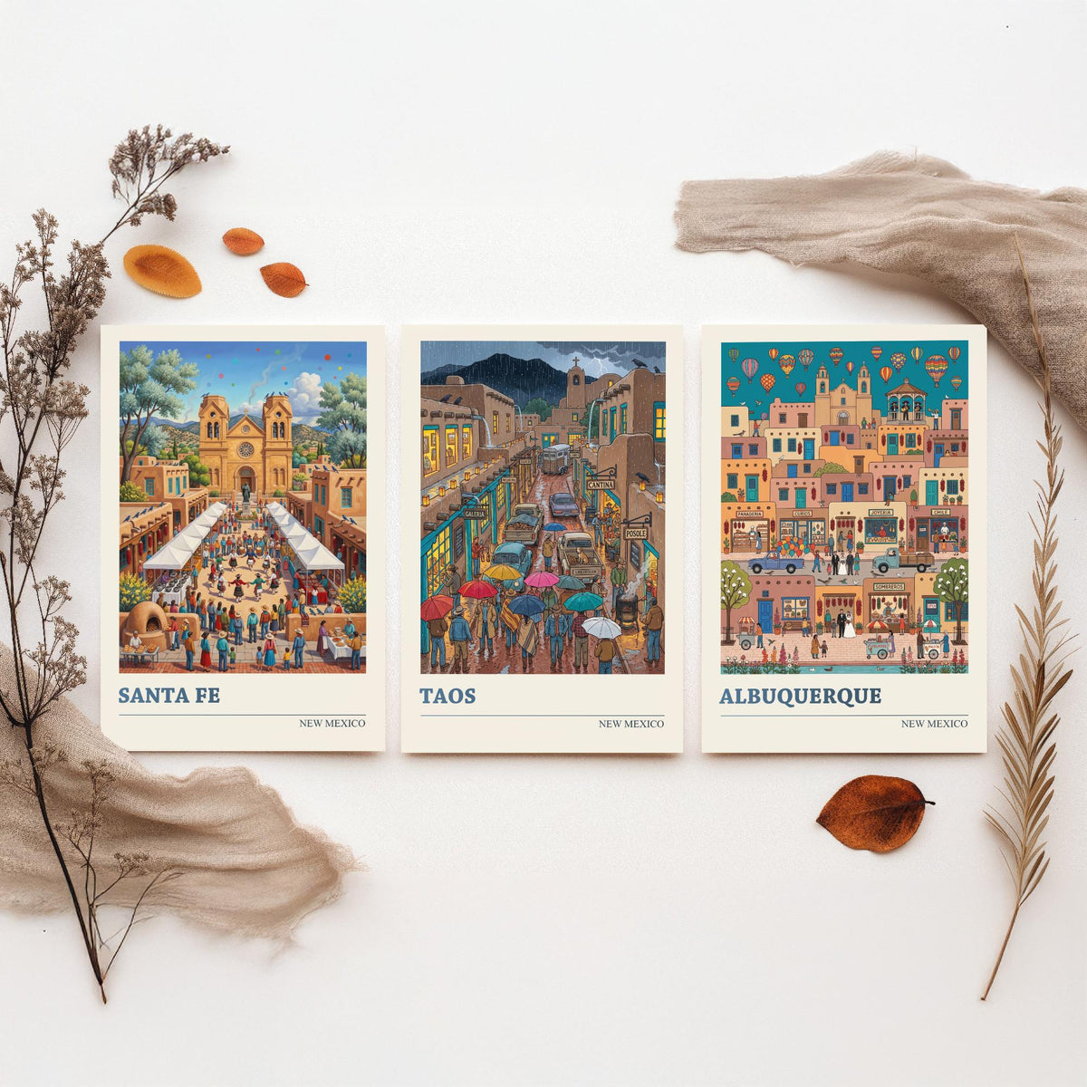 New Mexico Set of Three Art Prints - Santa Fe, Taos, Albuquerque - 3 Colourful Folk Illustration Travel Posters - Southwest Painting